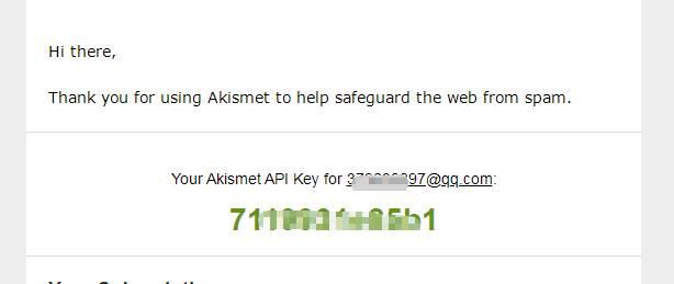 Akismet会给我们发送一封邮件Your Akismet API key